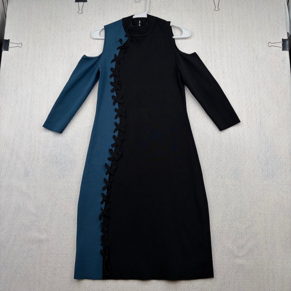 NIC+ZOE Womens XS Cold Shoulder Lace Up Colorblock Sweater Dress Teal Black